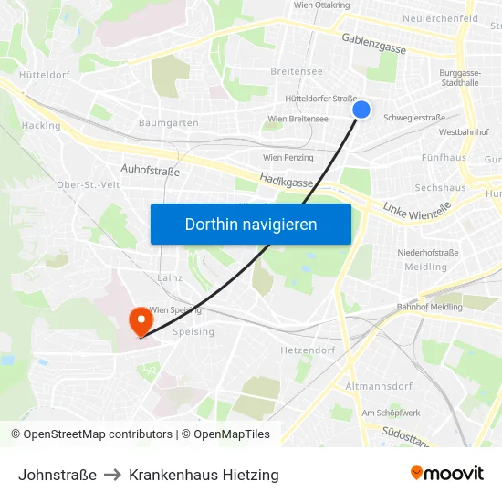 Johnstraße to Krankenhaus Hietzing map