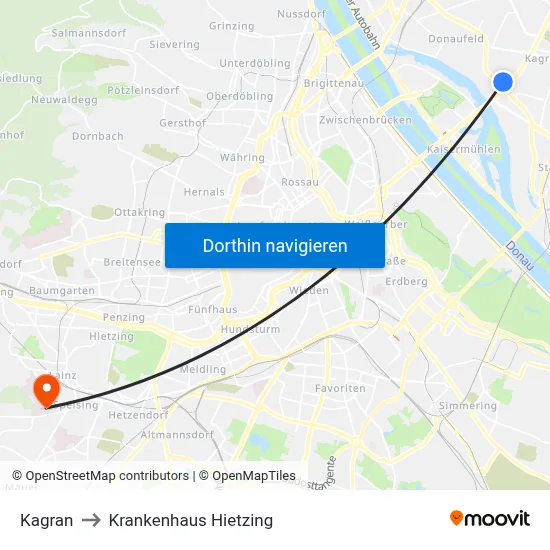 Kagran to Krankenhaus Hietzing map