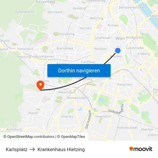 Karlsplatz to Krankenhaus Hietzing map
