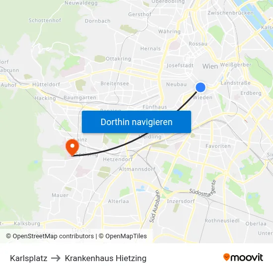 Karlsplatz to Krankenhaus Hietzing map