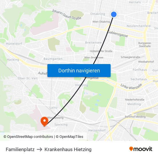 Familienplatz to Krankenhaus Hietzing map