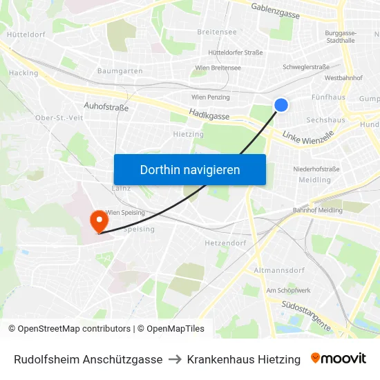 Rudolfsheim Anschützgasse to Krankenhaus Hietzing map