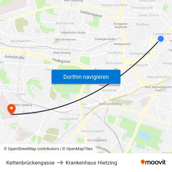 Kettenbrückengasse to Krankenhaus Hietzing map