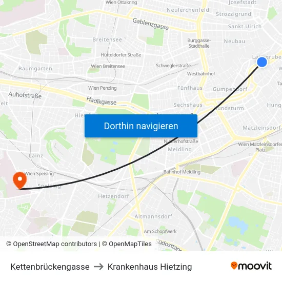 Kettenbrückengasse to Krankenhaus Hietzing map