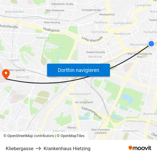 Kliebergasse to Krankenhaus Hietzing map