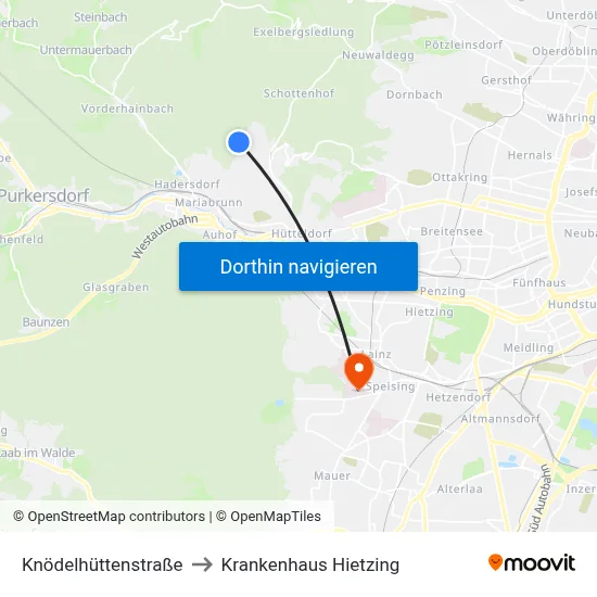 Knödelhüttenstraße to Krankenhaus Hietzing map