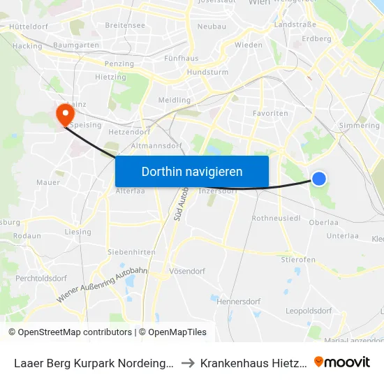 Laaer Berg Kurpark Nordeingang to Krankenhaus Hietzing map