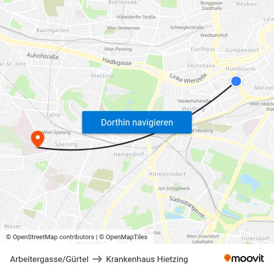 Arbeitergasse/Gürtel to Krankenhaus Hietzing map