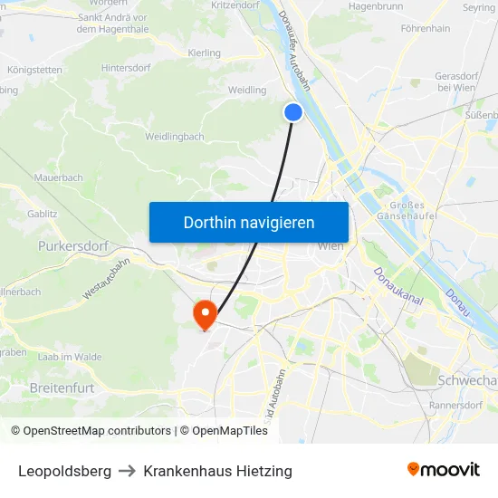 Leopoldsberg to Krankenhaus Hietzing map