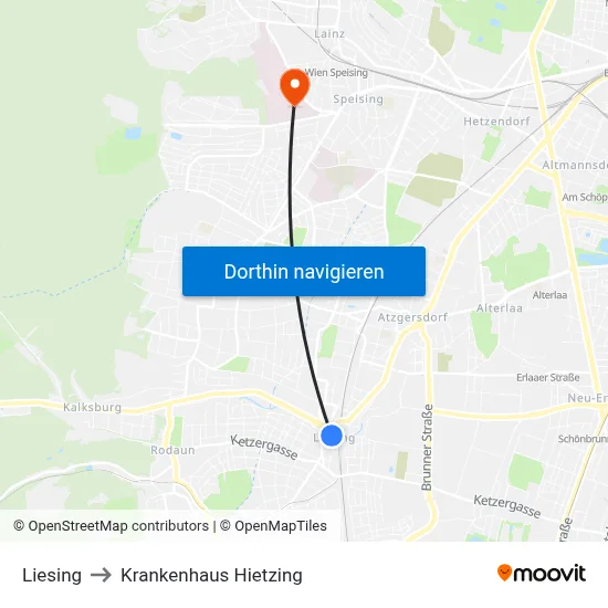 Liesing to Krankenhaus Hietzing map