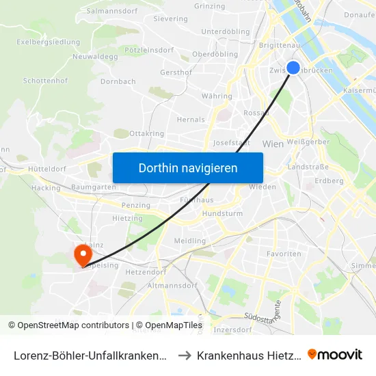 Lorenz-Böhler-Unfallkrankenhaus to Krankenhaus Hietzing map