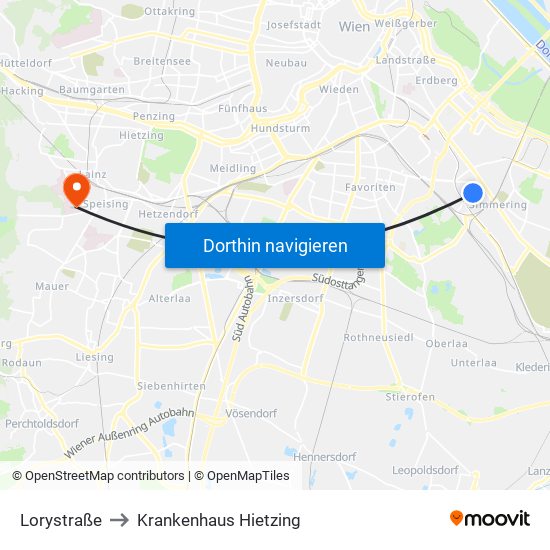 Lorystraße to Krankenhaus Hietzing map