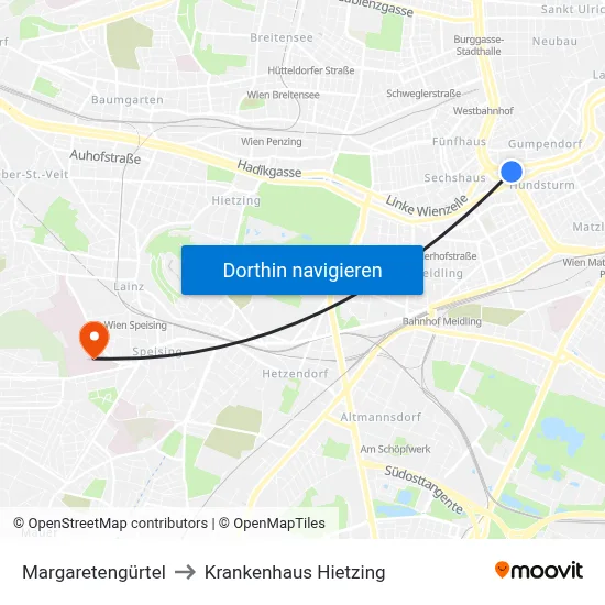 Margaretengürtel to Krankenhaus Hietzing map