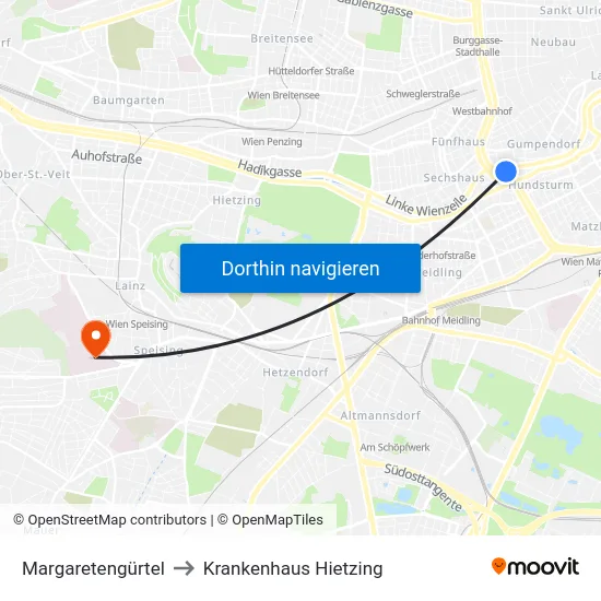 Margaretengürtel to Krankenhaus Hietzing map