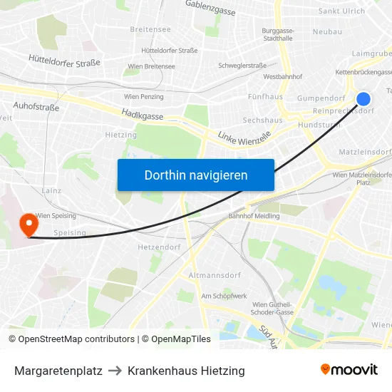 Margaretenplatz to Krankenhaus Hietzing map