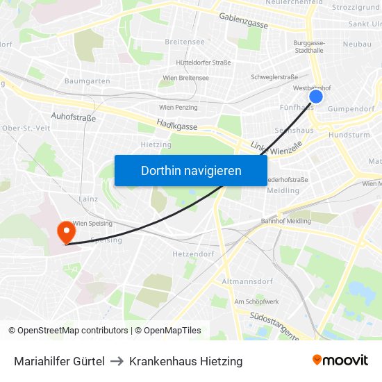 Mariahilfer Gürtel to Krankenhaus Hietzing map