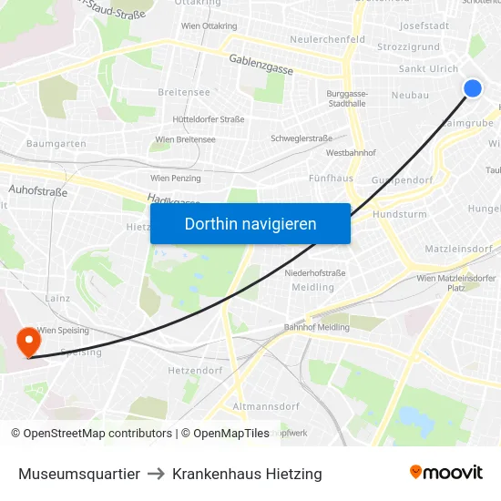 Museumsquartier to Krankenhaus Hietzing map