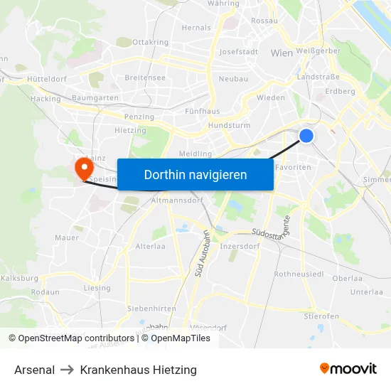 Arsenal to Krankenhaus Hietzing map