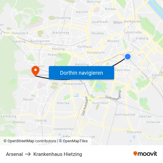 Arsenal to Krankenhaus Hietzing map