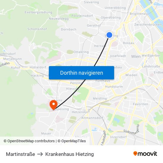 Martinstraße to Krankenhaus Hietzing map