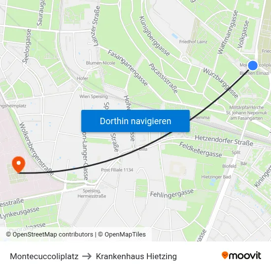 Montecuccoliplatz to Krankenhaus Hietzing map
