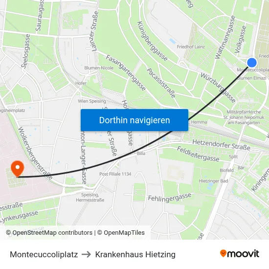 Montecuccoliplatz to Krankenhaus Hietzing map