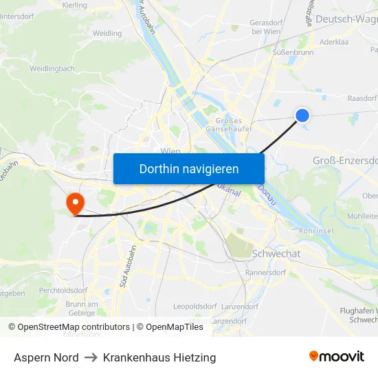 Aspern Nord to Krankenhaus Hietzing map
