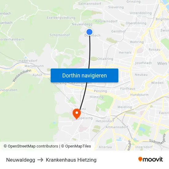 Neuwaldegg to Krankenhaus Hietzing map