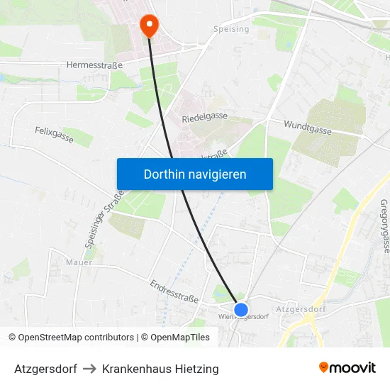 Atzgersdorf to Krankenhaus Hietzing map