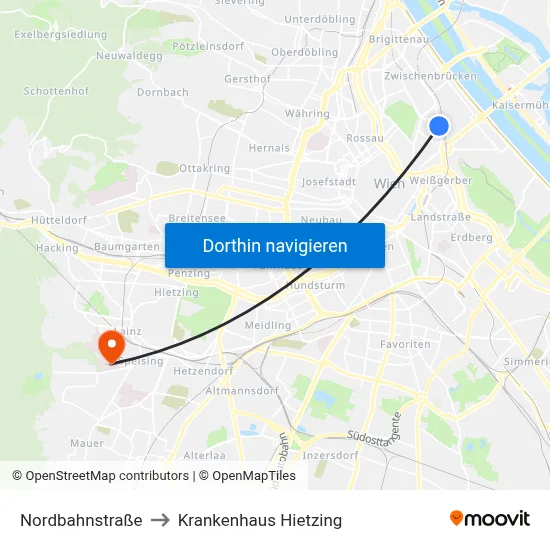 Nordbahnstraße to Krankenhaus Hietzing map
