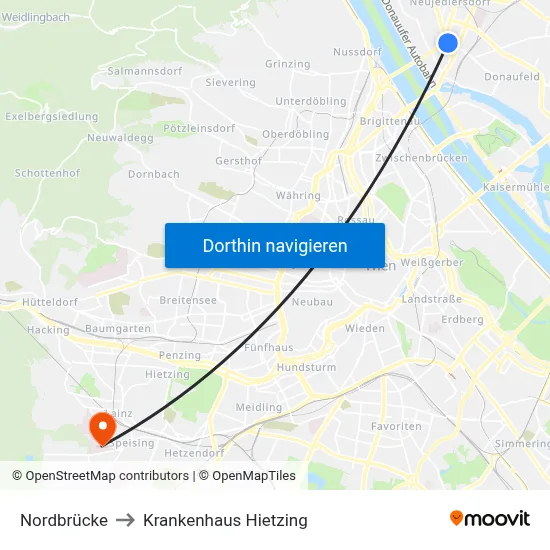 Nordbrücke to Krankenhaus Hietzing map