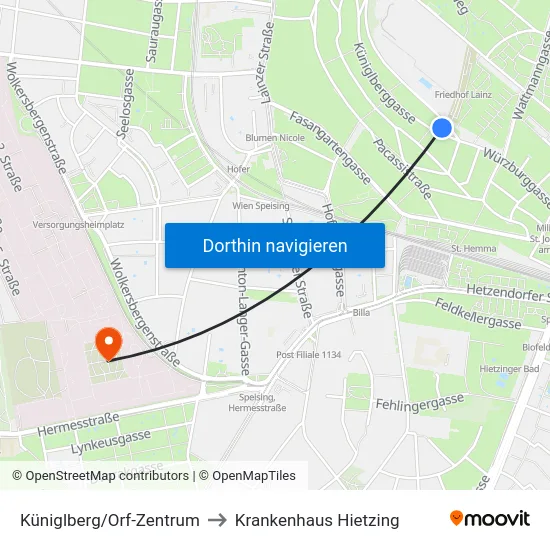 Küniglberg/Orf-Zentrum to Krankenhaus Hietzing map