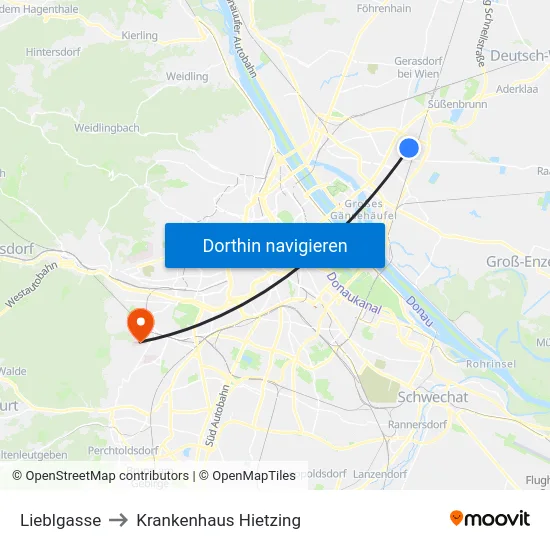 Lieblgasse to Krankenhaus Hietzing map