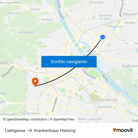 Lieblgasse to Krankenhaus Hietzing map