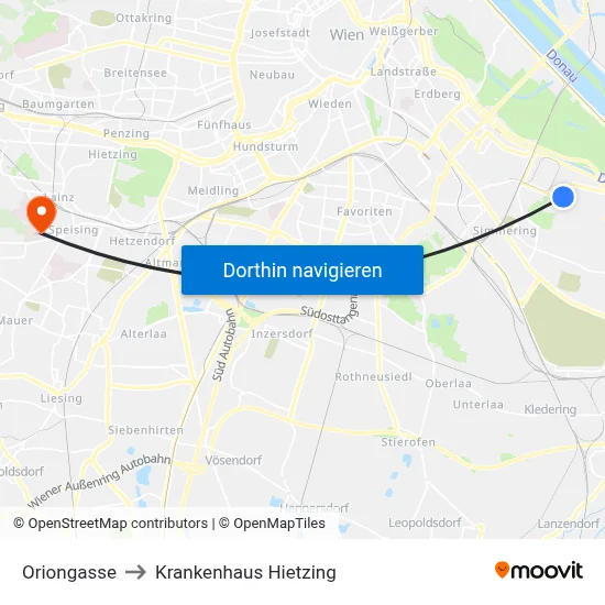 Oriongasse to Krankenhaus Hietzing map