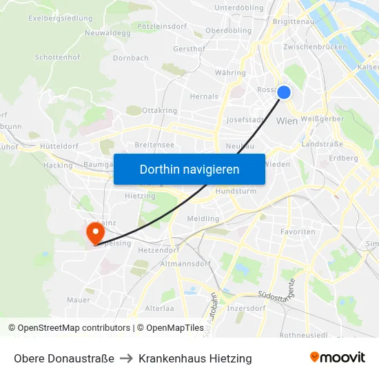 Obere Donaustraße to Krankenhaus Hietzing map