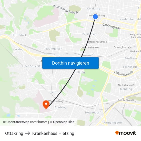 Ottakring to Krankenhaus Hietzing map