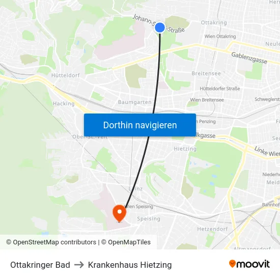 Ottakringer Bad to Krankenhaus Hietzing map
