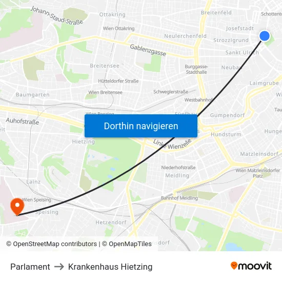 Parlament to Krankenhaus Hietzing map