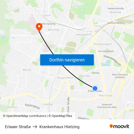 Erlaaer Straße to Krankenhaus Hietzing map