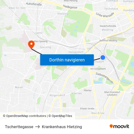 Tscherttegasse to Krankenhaus Hietzing map