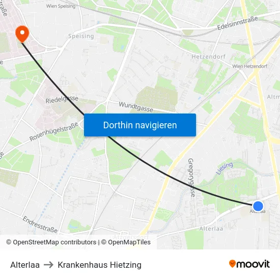 Alterlaa to Krankenhaus Hietzing map