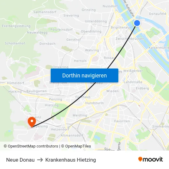 Neue Donau to Krankenhaus Hietzing map