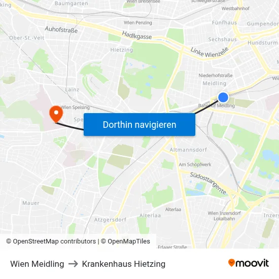 Wien Meidling to Krankenhaus Hietzing map