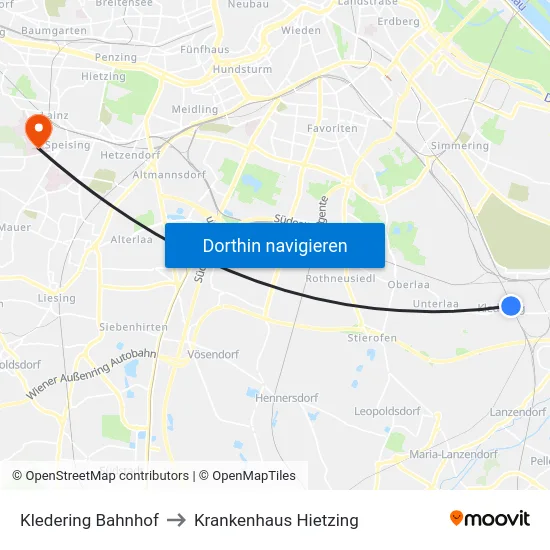 Kledering Bahnhof to Krankenhaus Hietzing map