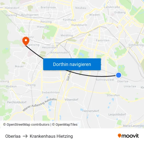Oberlaa to Krankenhaus Hietzing map