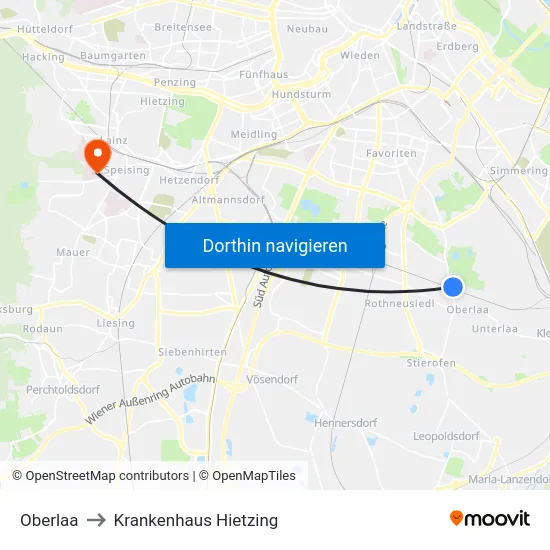 Oberlaa to Krankenhaus Hietzing map