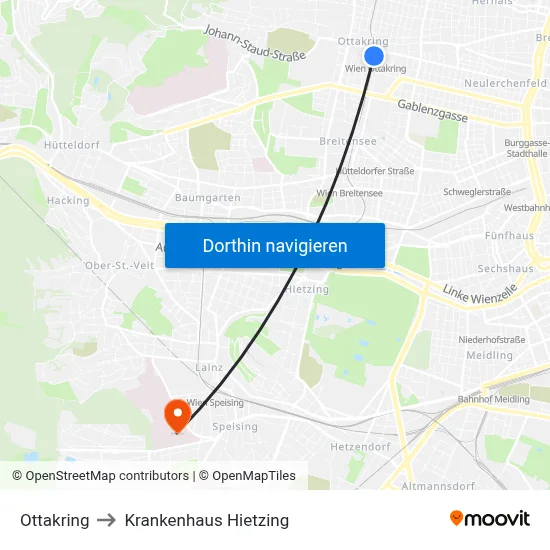 Ottakring to Krankenhaus Hietzing map