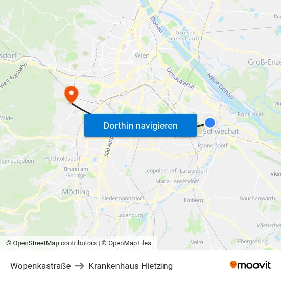 Wopenkastraße to Krankenhaus Hietzing map