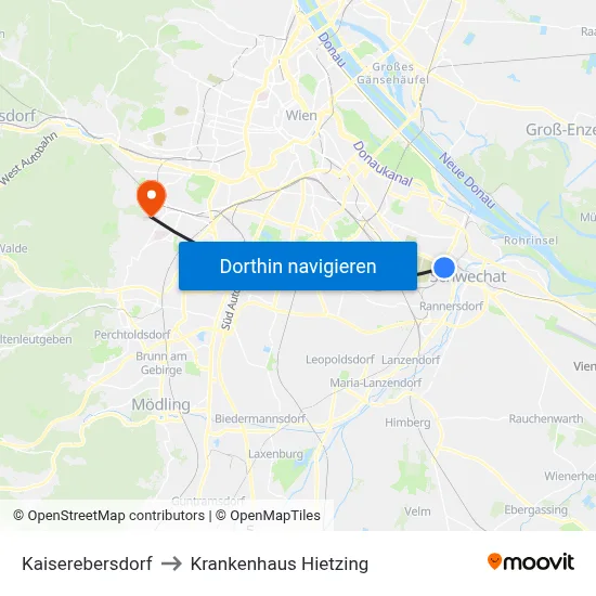 Kaiserebersdorf to Krankenhaus Hietzing map